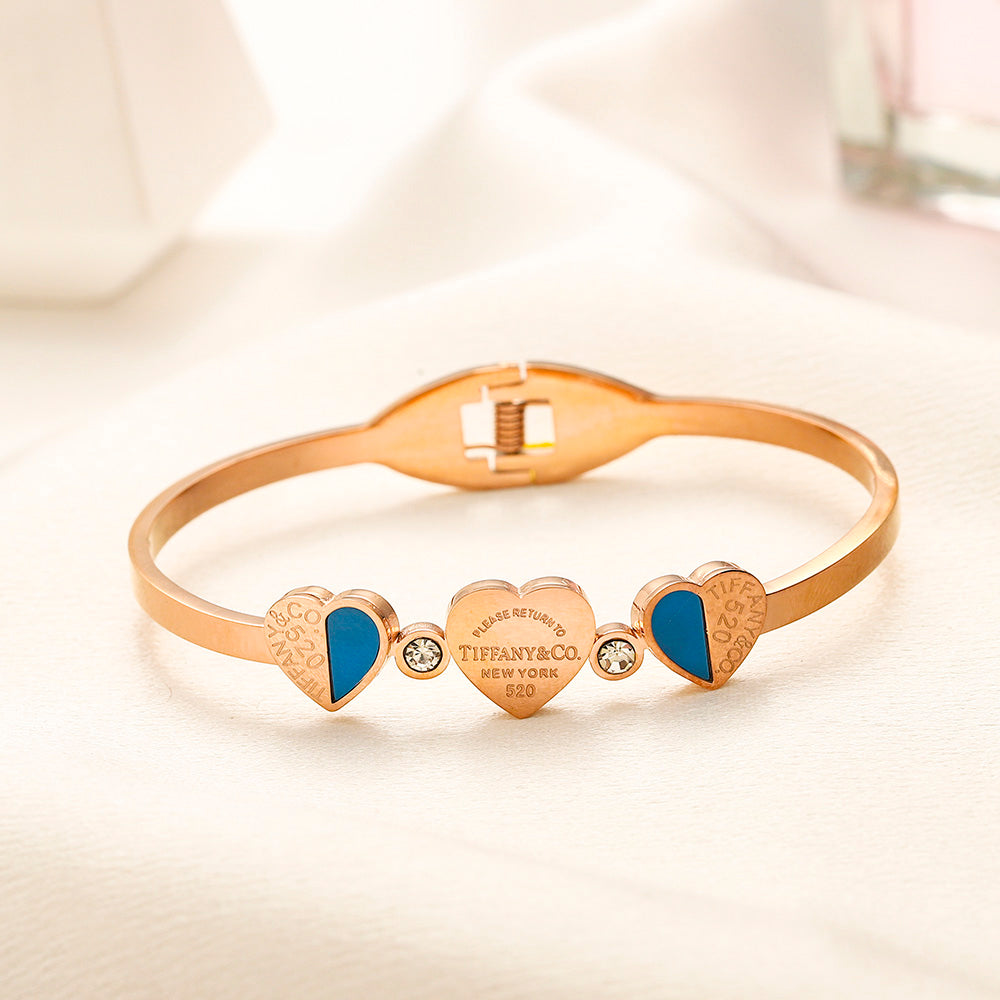 304 Stainless Steel Three-Heart Color-Inlay Bangle Bracelet