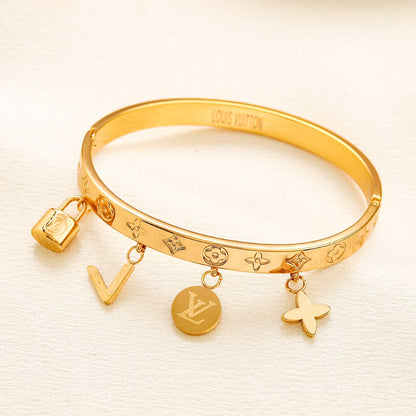 304 Stainless Steel Monogram Multi-Charm Bangle Bracelet