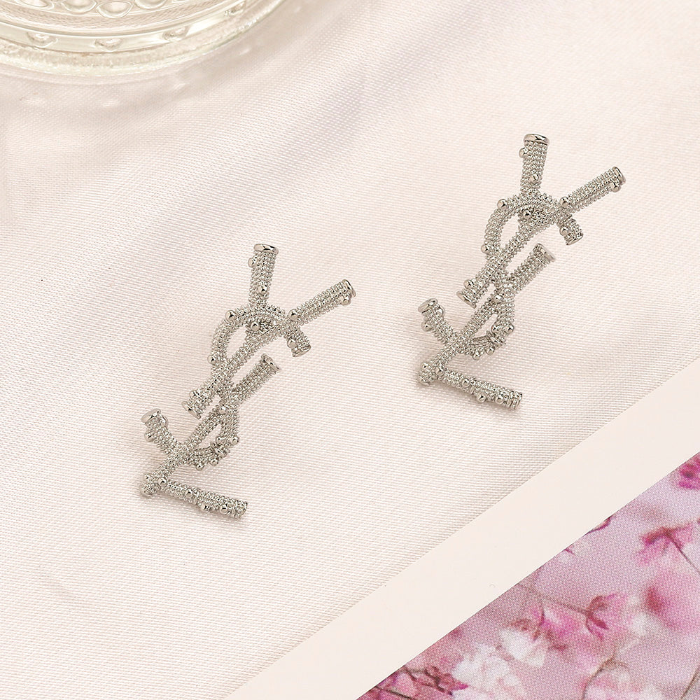 304 Stainless Steel Pave Vertical Monogram Stud Earrings
