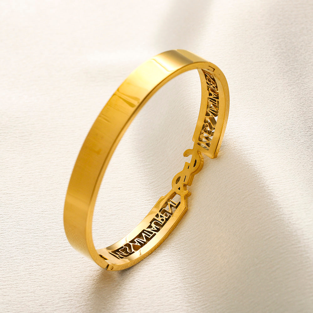 304 Stainless Steel Color-Inlay Monogram Pave Bangle Bracelet