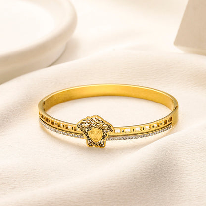 304 Stainless Steel Pave Medallion Bangle Bracelet