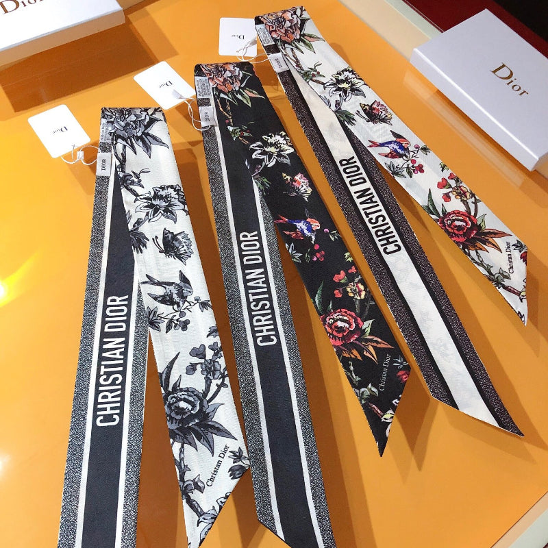 Botanical Print & Stripe Ribbon Scarf - 5 x 120 cm