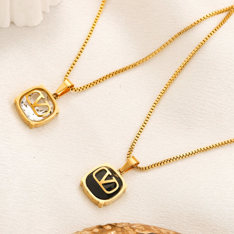 304 Stainless Steel Color-Inlay V-Motif Pendant Necklace
