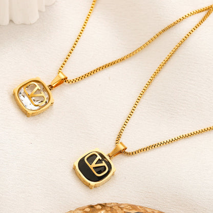 304 Stainless Steel Color-Inlay V-Motif Pendant Necklace