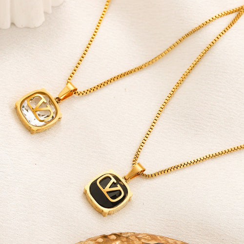 304 Stainless Steel Color-Inlay V-Motif Pendant Necklace