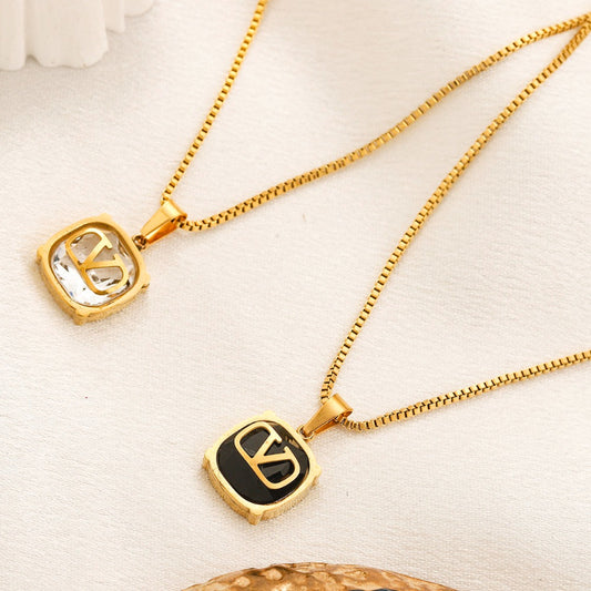304 Stainless Steel Color-Inlay V-Motif Pendant Necklace