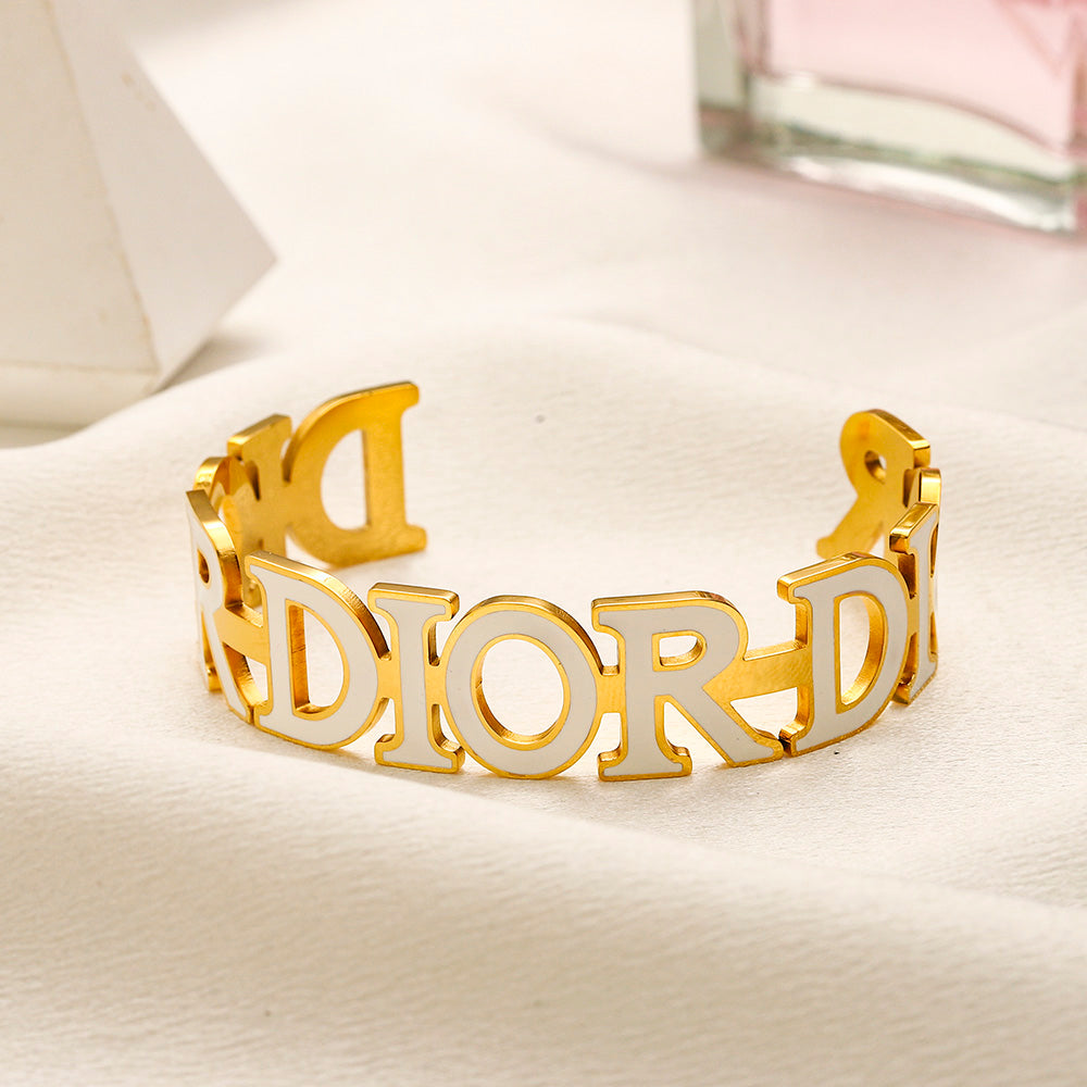 304 Stainless Steel Openwork Color-Inlay Lettering Cuff Bracelet