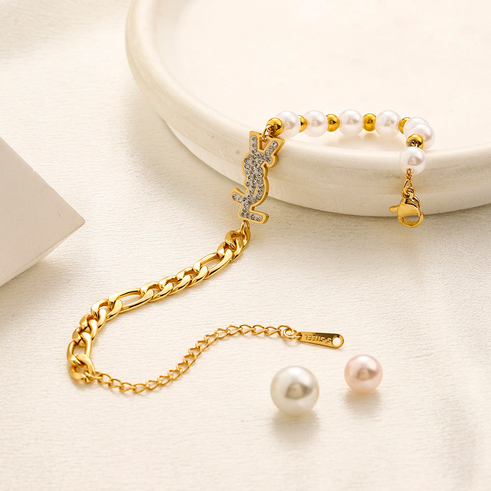 304 Stainless Steel Half-Bead Half-Chain Pave Motif Bracelet
