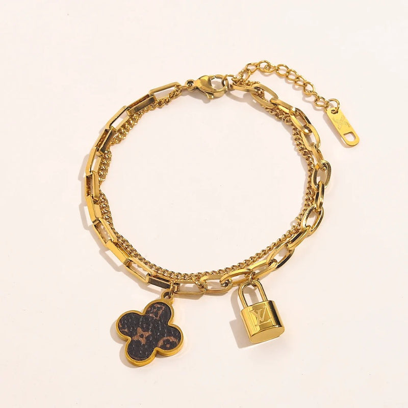 304 Stainless Steel Padlock & Black Flower Charm Bracelet
