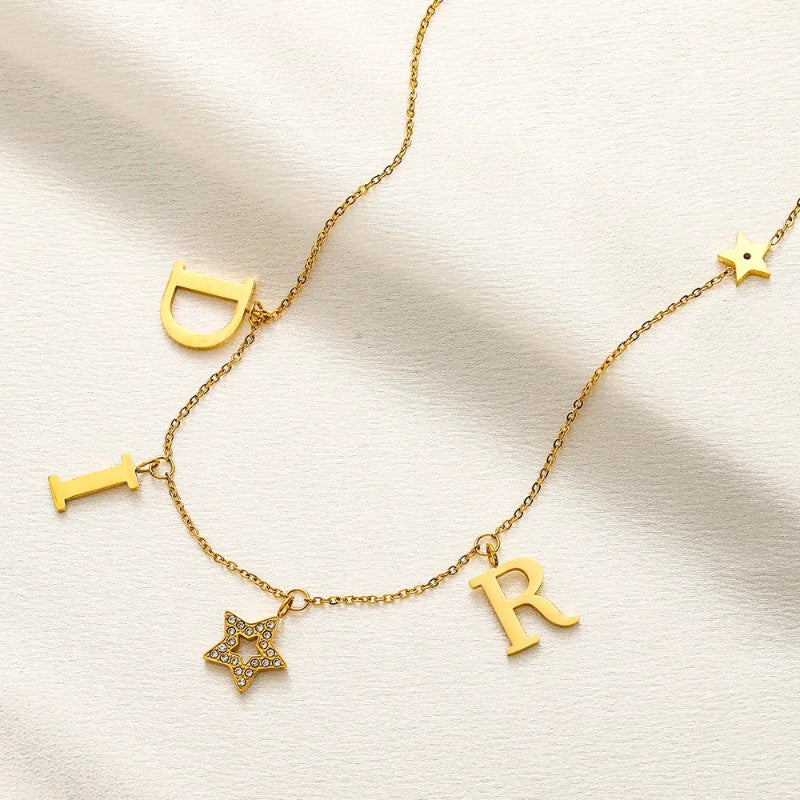 304 Stainless Steel Letter & Star Charm Necklace