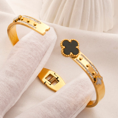 304 Stainless Steel Quatrefoil Motif Slim Bangle Bracelet