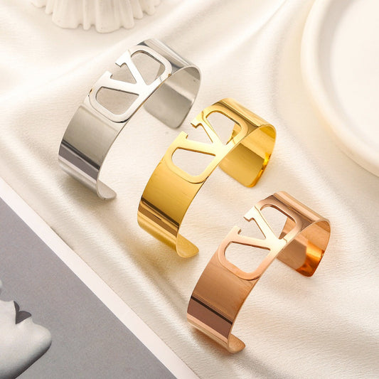 304 Stainless Steel V-Motif Wide Cuff Bracelet