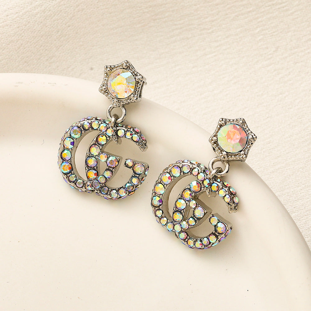304 Stainless Steel Flower & Pave Interlocking-G Drop Earrings