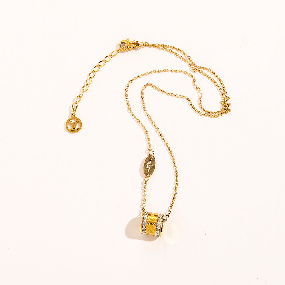 304 Stainless Steel Pave-Edge Barrel Pendant Necklace