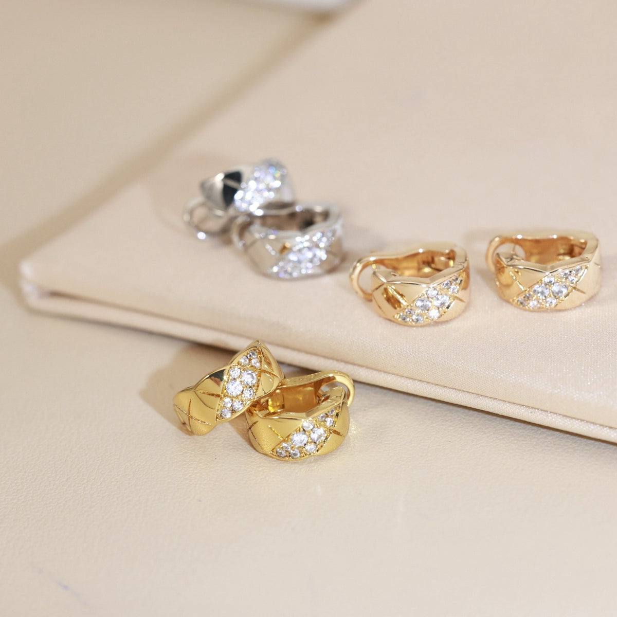 Pave Diamond-Pattern Huggie Earrings