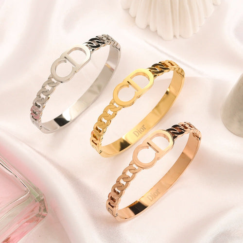 304 Stainless Steel Mixed Chain-Link Monogram Bangle Bracelet