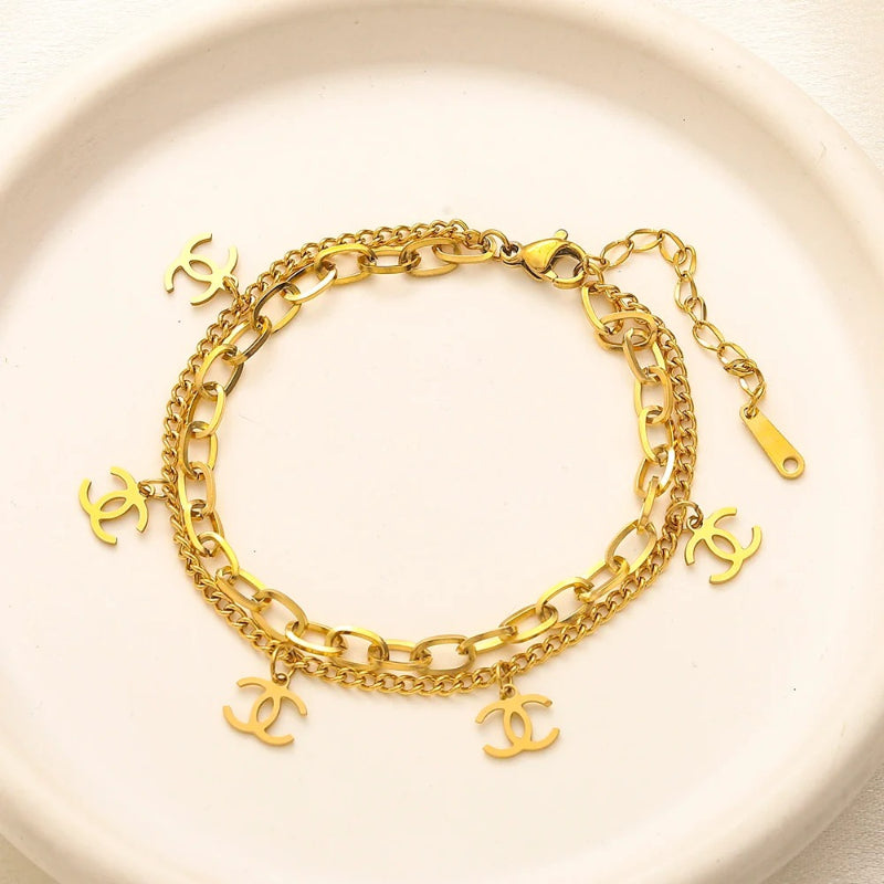 304 Stainless Steel Double-Chain Interlocking-C Charm Bracelet