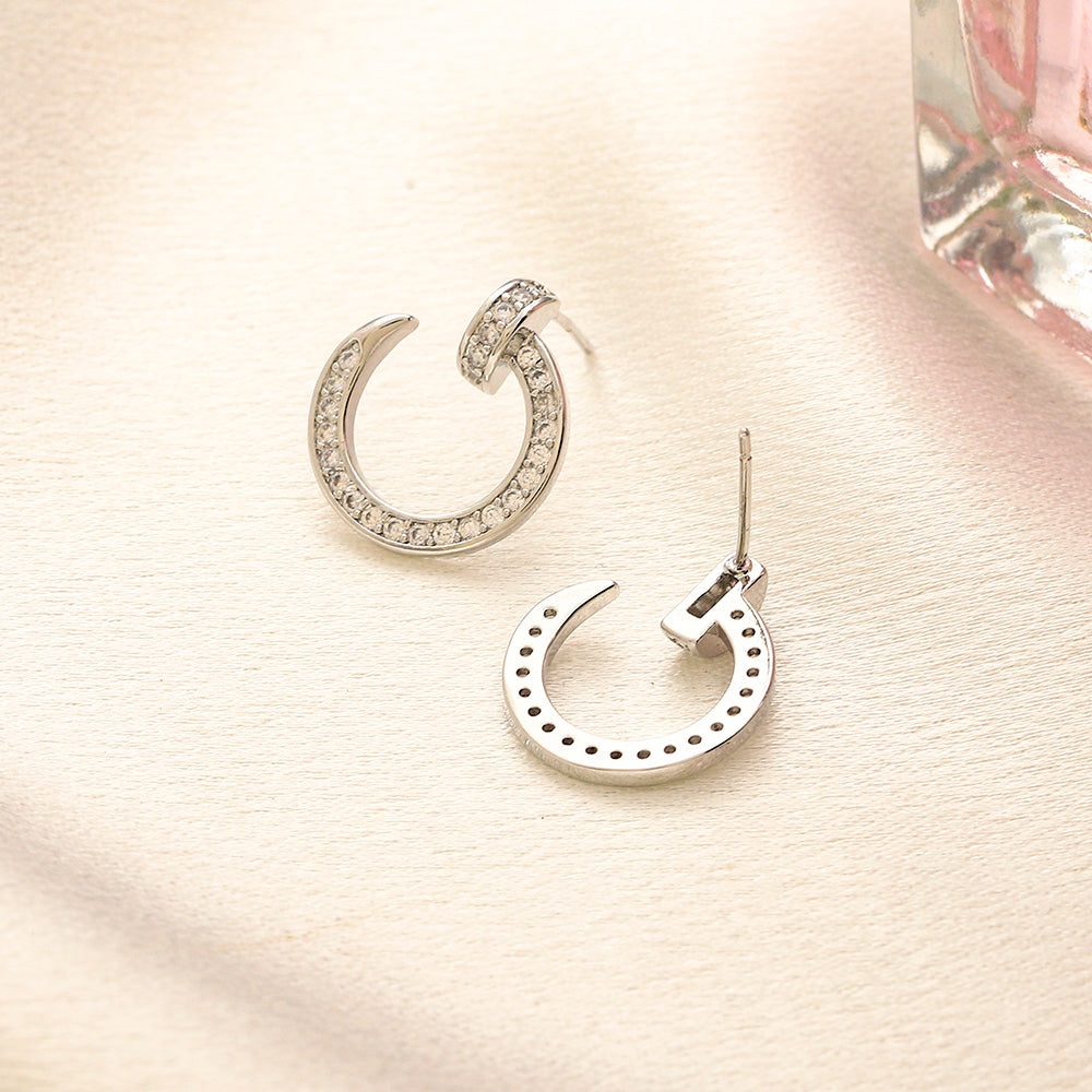 304 Stainless Steel Pave Open Circle Stud Earrings