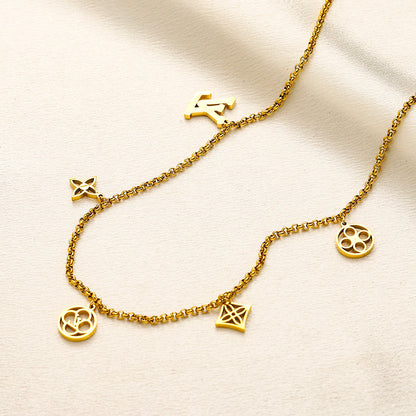 304 Stainless Steel Mixed Floral Monogram Charm Necklace