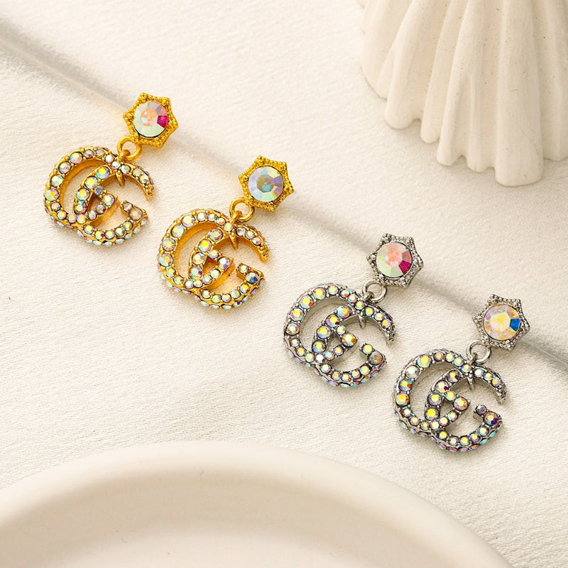 304 Stainless Steel Flower & Pave Interlocking-G Drop Earrings