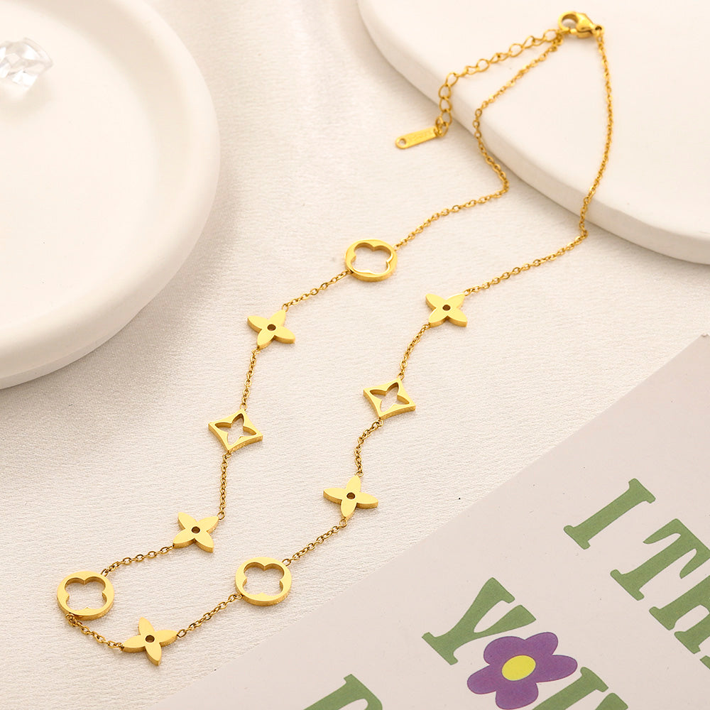 304 Stainless Steel Geometric Floral Link Necklace