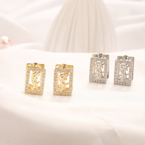 304 Stainless Steel Pave Rectangle Monogram Stud Earrings