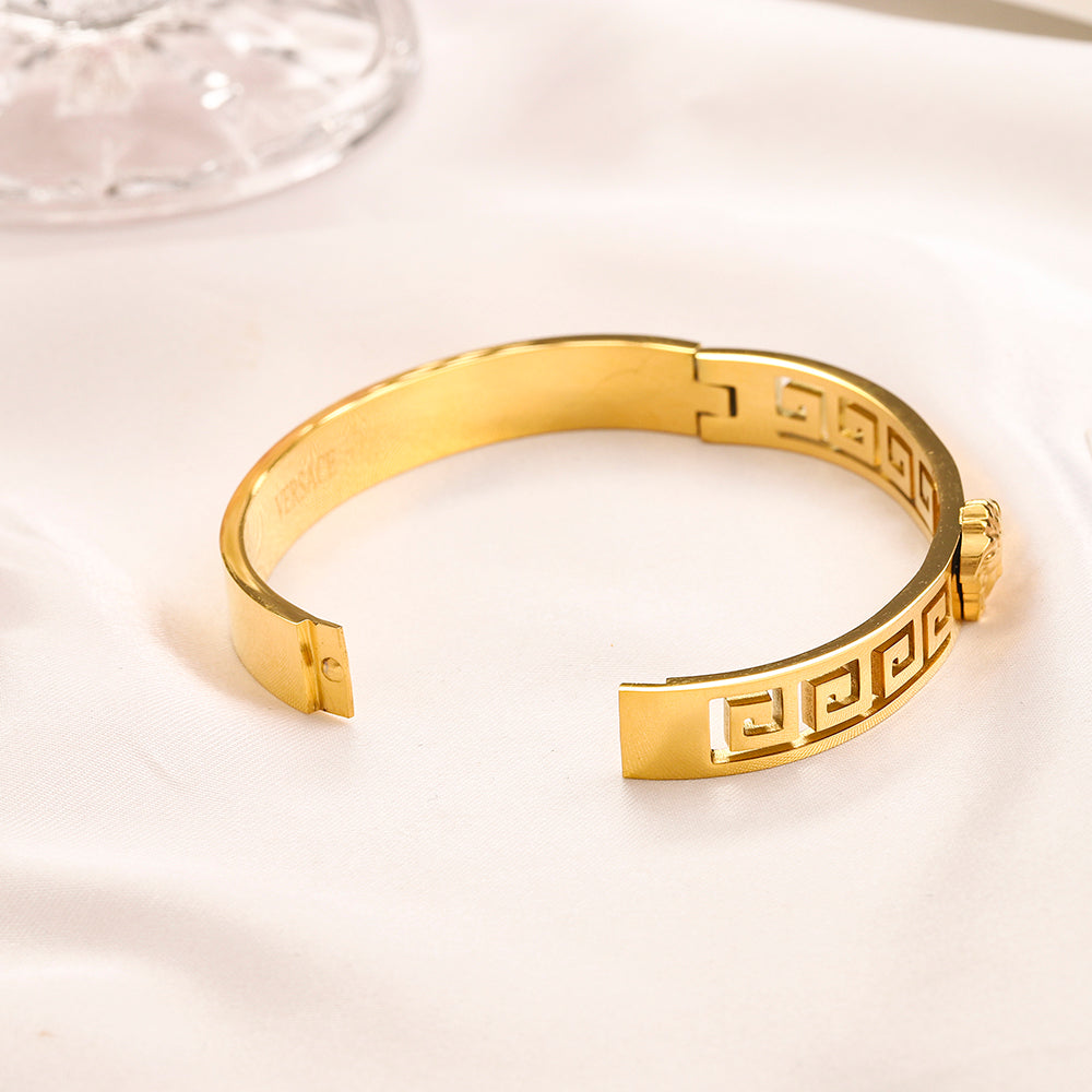 304 Stainless Steel Greek-Key Hinged Bangle Bracelet