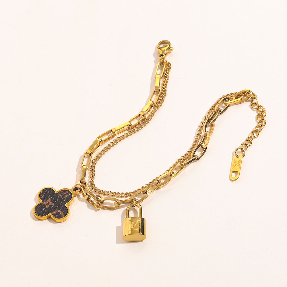 304 Stainless Steel Padlock & Black Flower Charm Bracelet