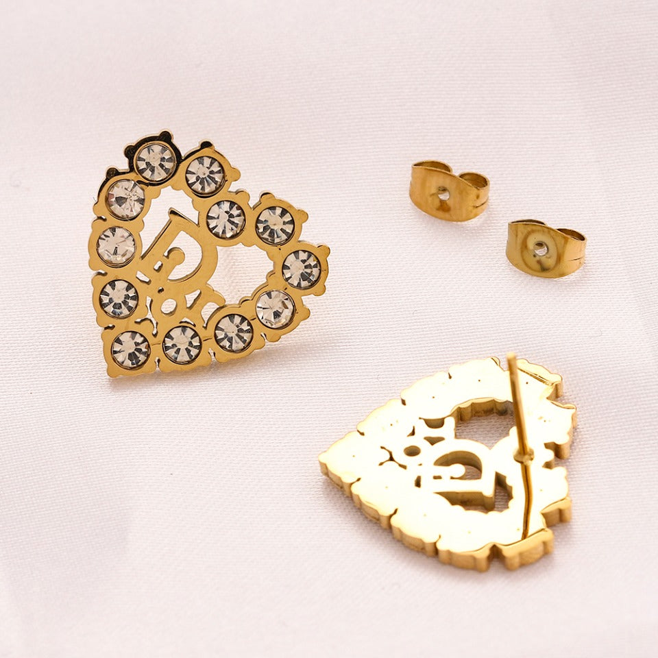 304 Stainless Steel Stone-Set Heart Stud Earrings