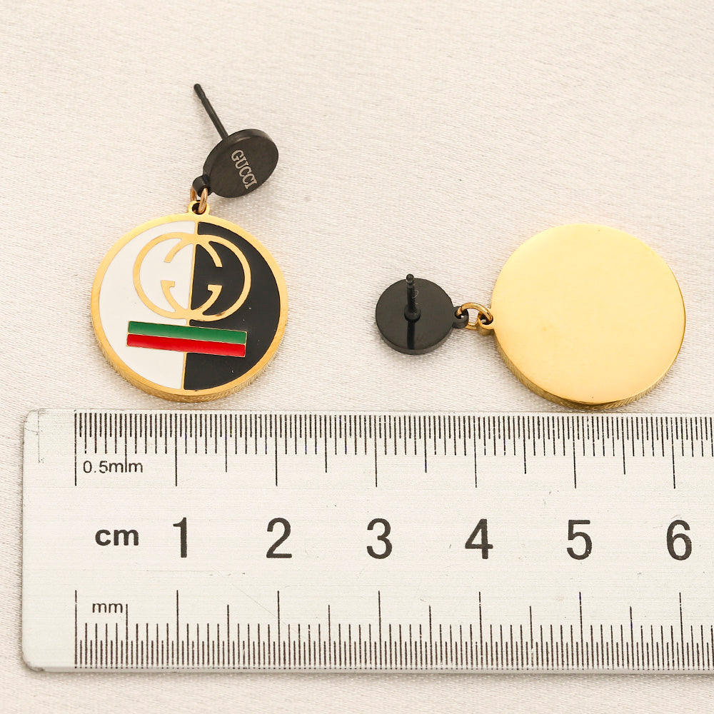 304 Stainless Steel Striped Round Monogram Drop Earrings