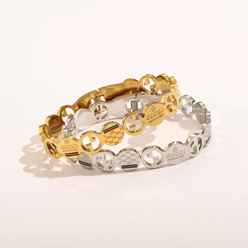 304 Stainless Steel Cutout Double-G Station Bangle Bracelet