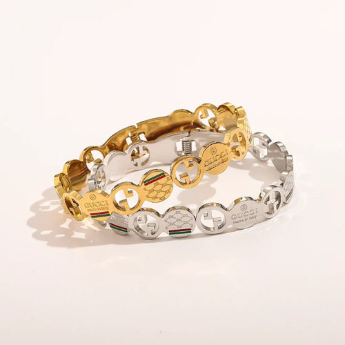 304 Stainless Steel Cutout Double-G Station Bangle Bracelet
