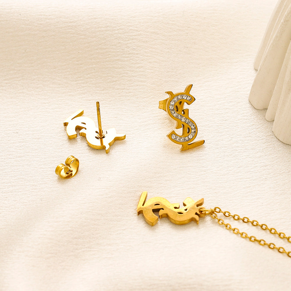 304 Stainless Steel Pave Monogram Earrings & Necklace Set