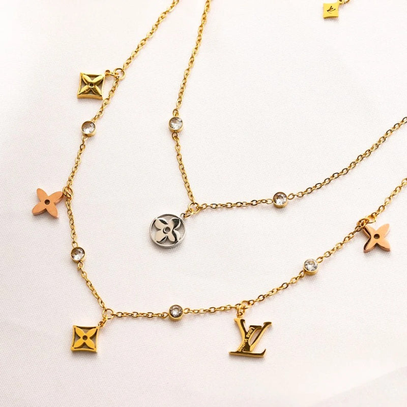 304 Stainless Steel Layered Floral Station Monogram Necklace