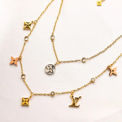 304 Stainless Steel Layered Floral Station Monogram Necklace