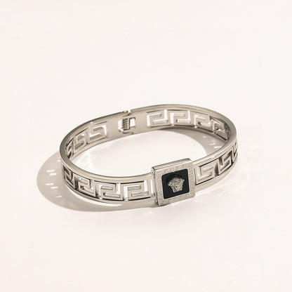 304 Stainless Steel Greek-Key Square Medallion Bangle Bracelet