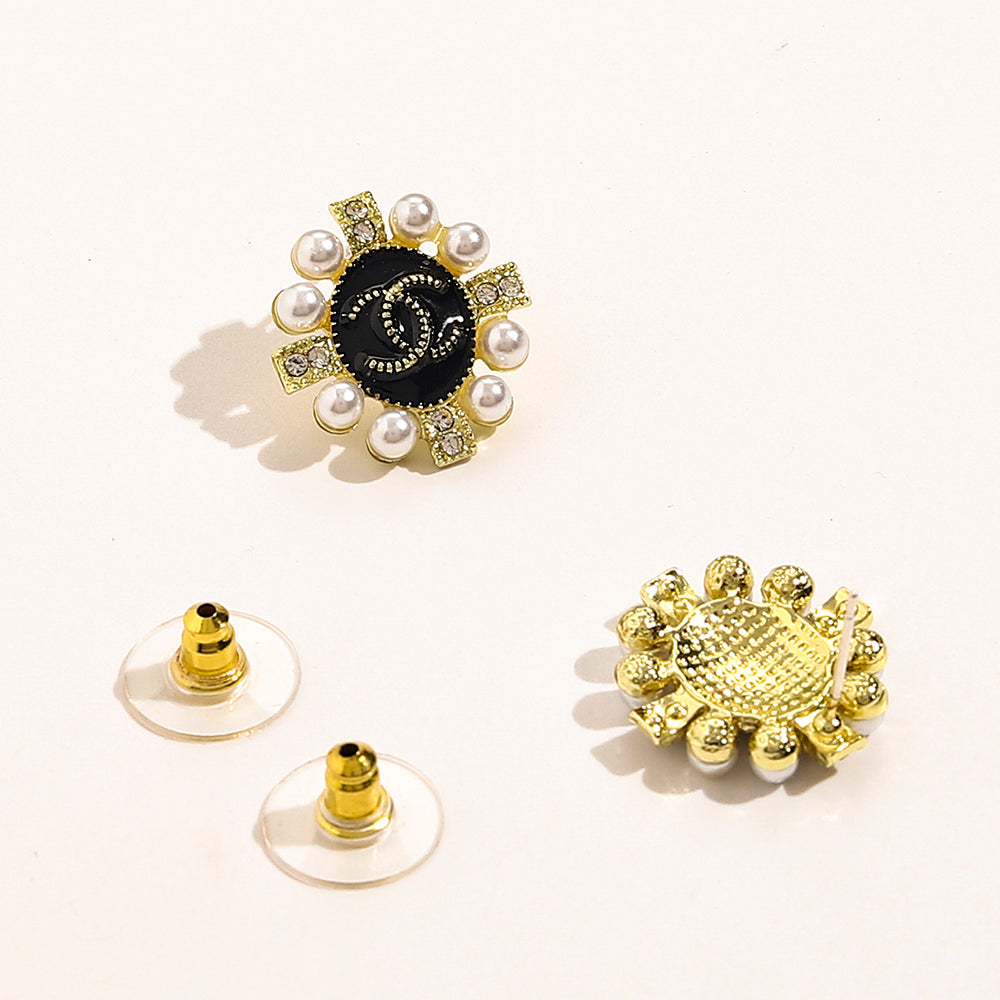Alloy Black Medallion Pearl-Effect Cluster Stud Earrings