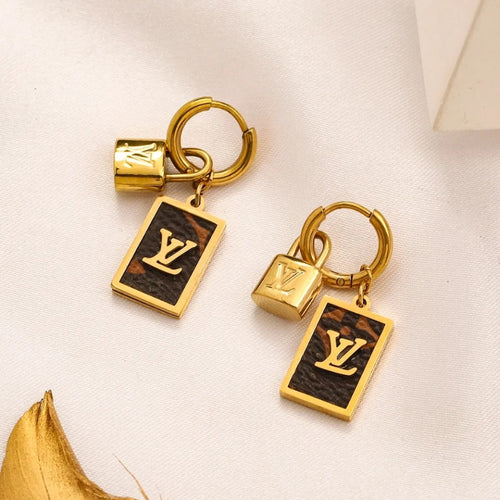 304 Stainless Steel Padlock & Black Tag Charm Hoop Earrings