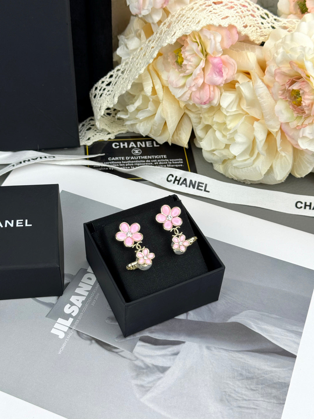 Pink Double Flower Drop Earrings