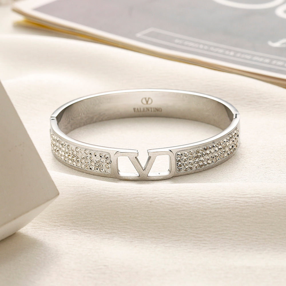 304 Stainless Steel Pave V-Motif Bangle Bracelet
