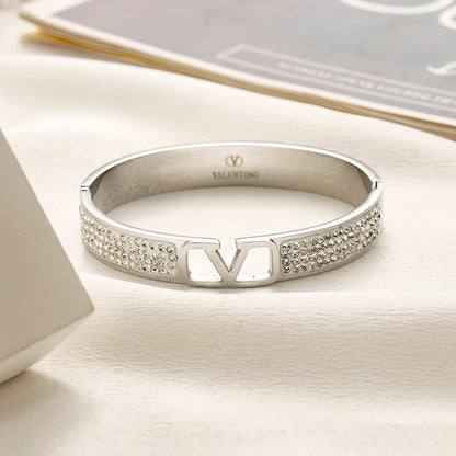 304 Stainless Steel Pave V-Motif Bangle Bracelet