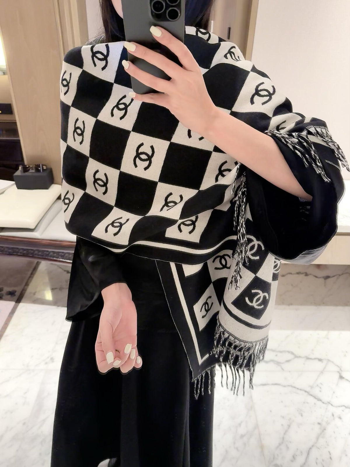Checkerboard Monogram Scarf with Fringed Ends