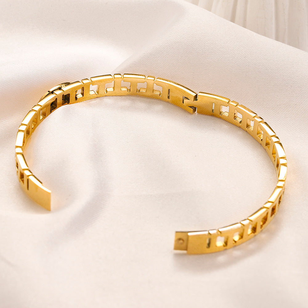 304 Stainless Steel Openwork Rectangle-Link Bangle Bracelet