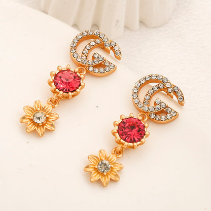 304 Stainless Steel Floral Stone Interlocking-G Dangle Earrings
