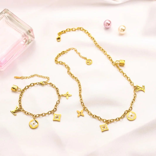 304 Stainless Steel Floral Monogram Charm Bracelet & Necklace - Individual or Set