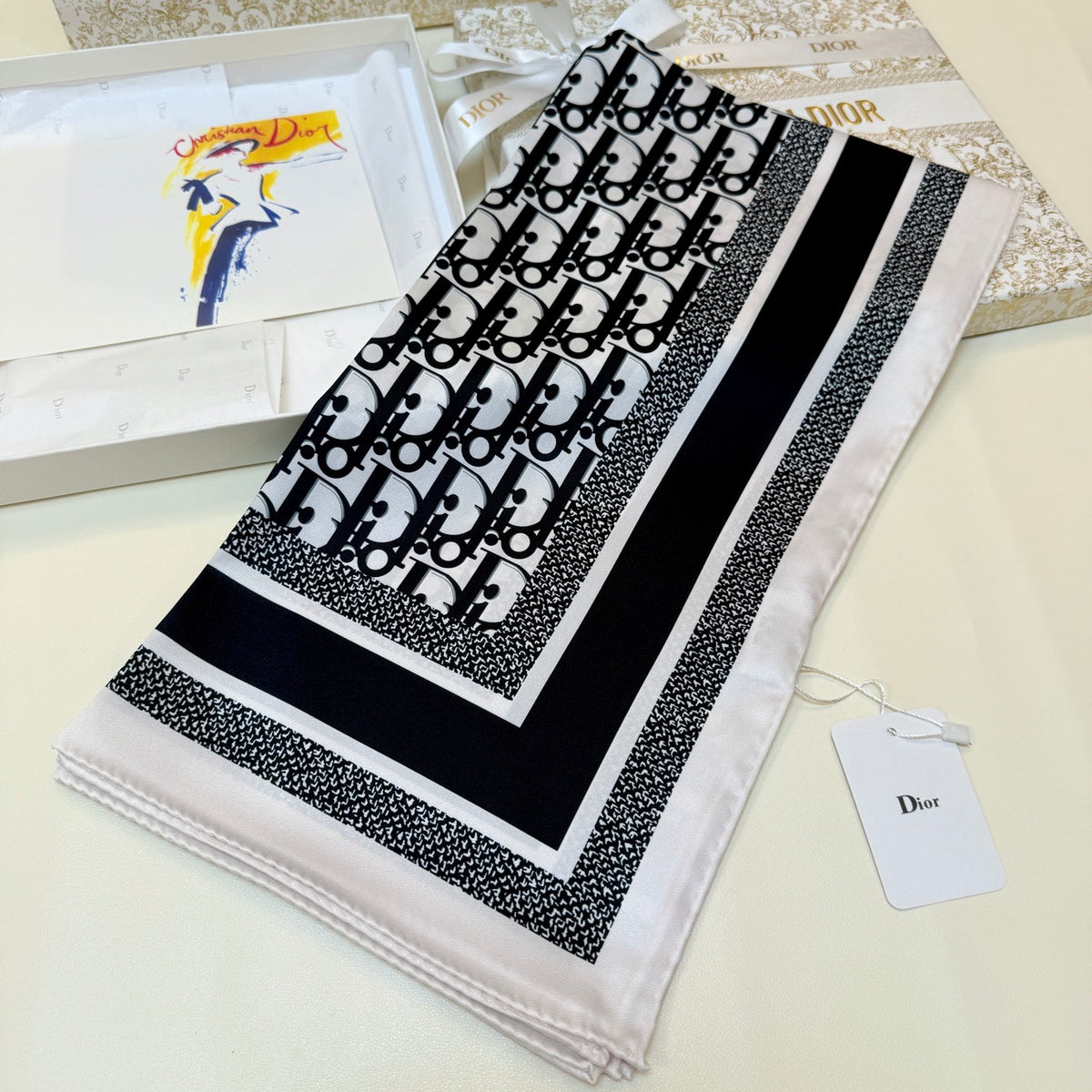 Repeating Monogram Stripe-Edge Square Scarf - 90 x 90 cm