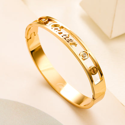 304 Stainless Steel Script & Screw-Detail Bangle Bracelet
