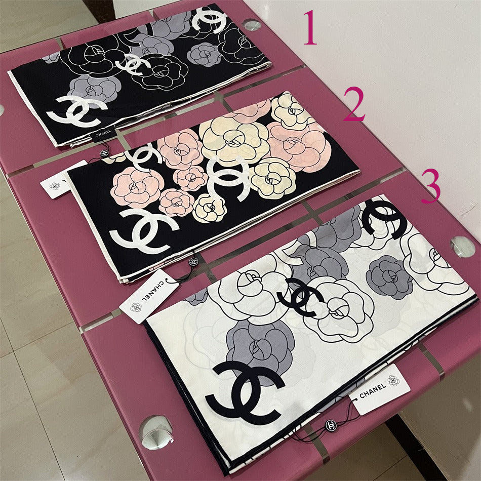 Camellia & Monogram Square Scarf - 90 x 90 cm