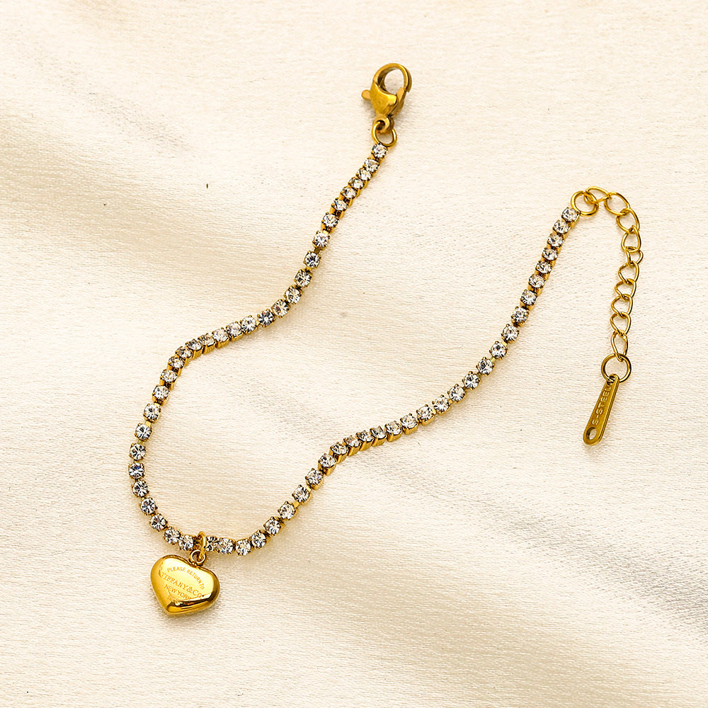 304 Stainless Steel Heart Pendant Stone-Link Bracelet