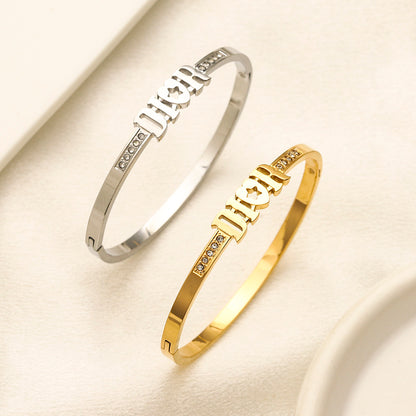 304 Stainless Steel Lettering Pave-Edge Bangle Bracelet